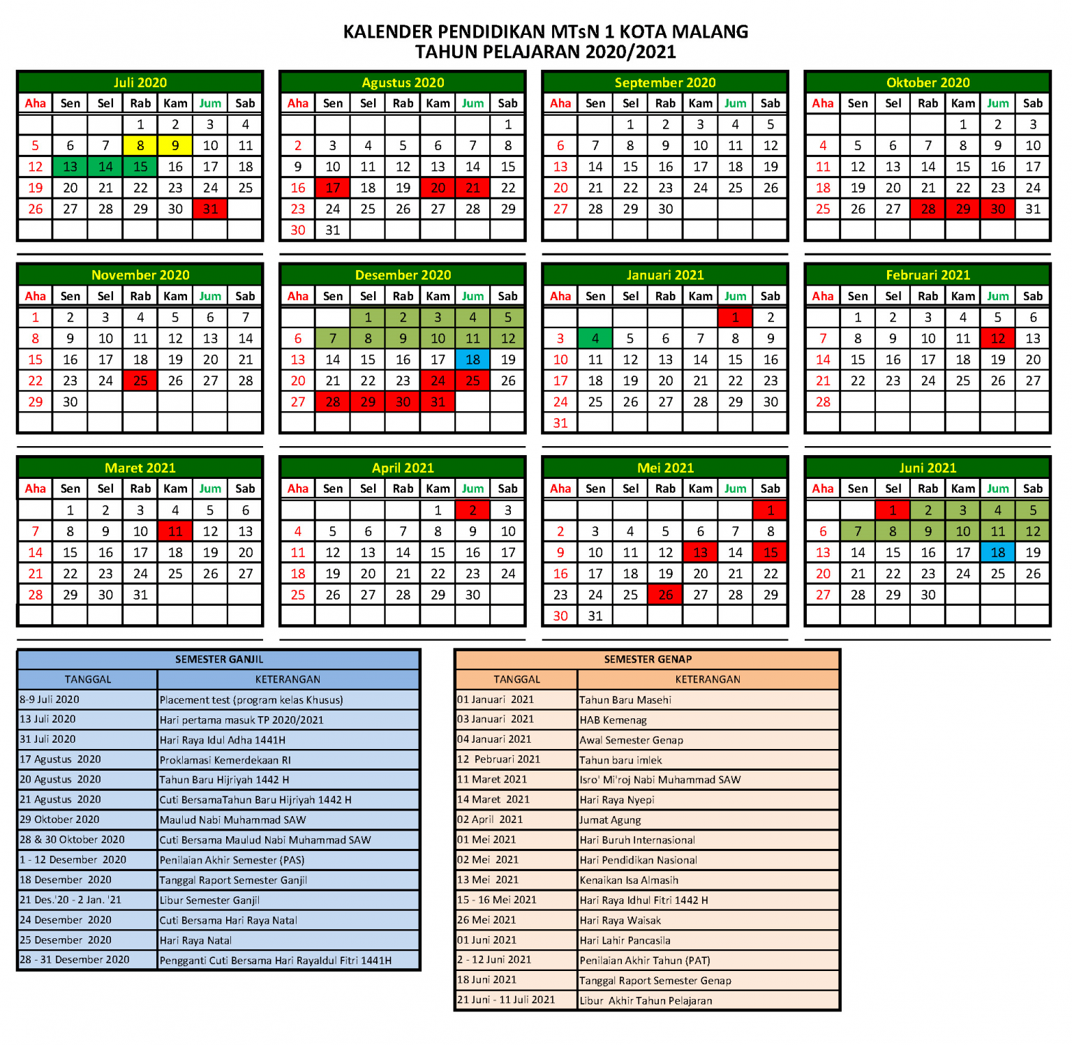 KALENDER PENDIDIKAN 2020/2021 | MTsN 1 Kota Malang
