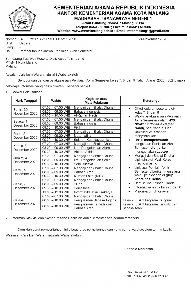 JADWAL PENILAIAN AKHIR SEMESTER (PAS) GANJIL TAHUN AJARAN 2020/2021 ...