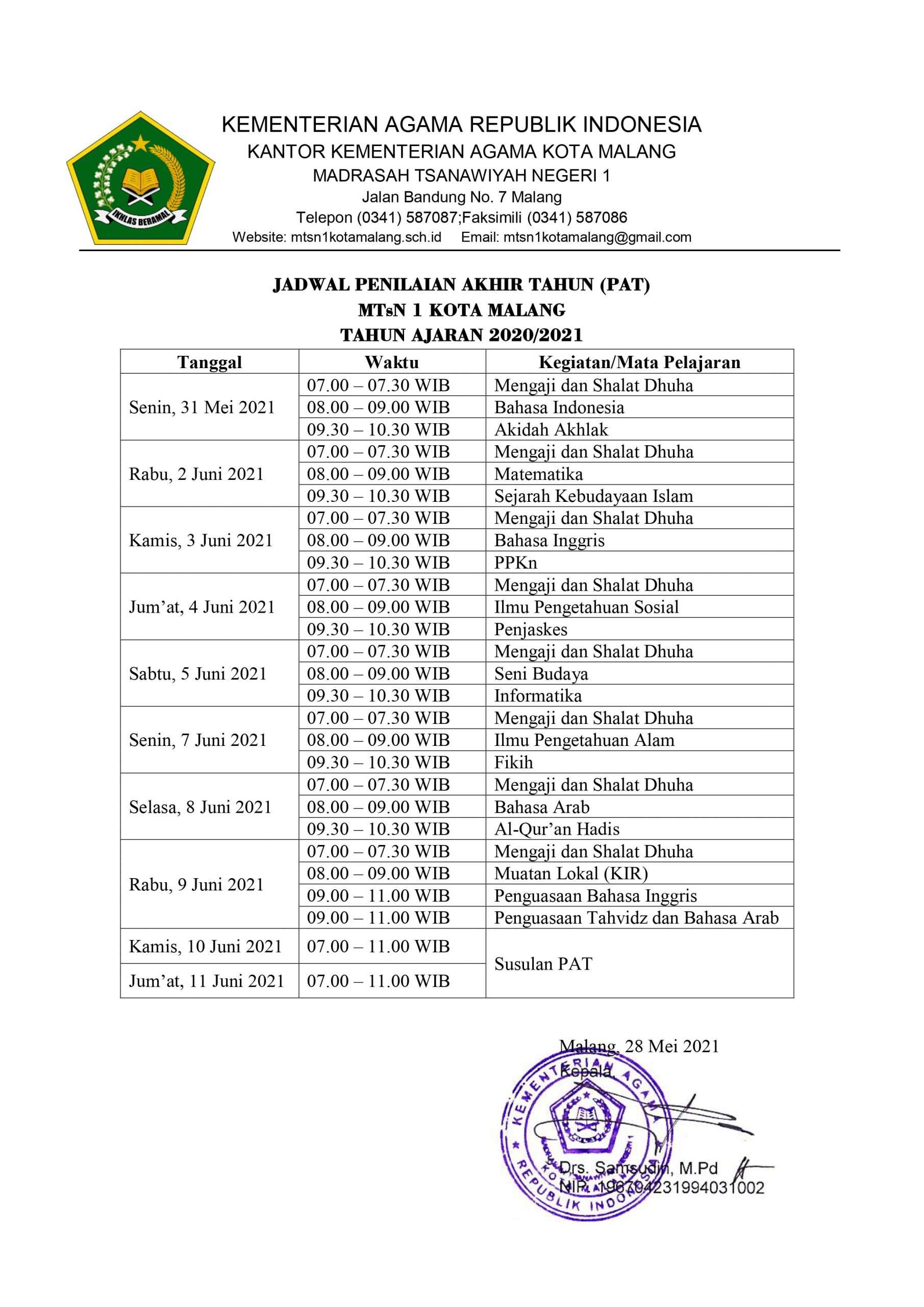 JADWAL PENILAIAN AKHIR TAHUN (PAT) TAHUN AJARAN 2020/2021 – MTsN 1 Kota ...